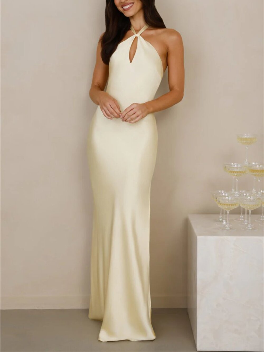 The Delilah Satin Halter Maxi Dress - Butter Yellow - Hello Molly - Picture 8 of 12